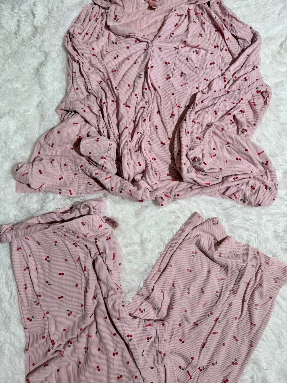 SKIMS 2X Cherries Print Pajama Sleep Matching Set Long Sleeve Pants Ribbed Soft
